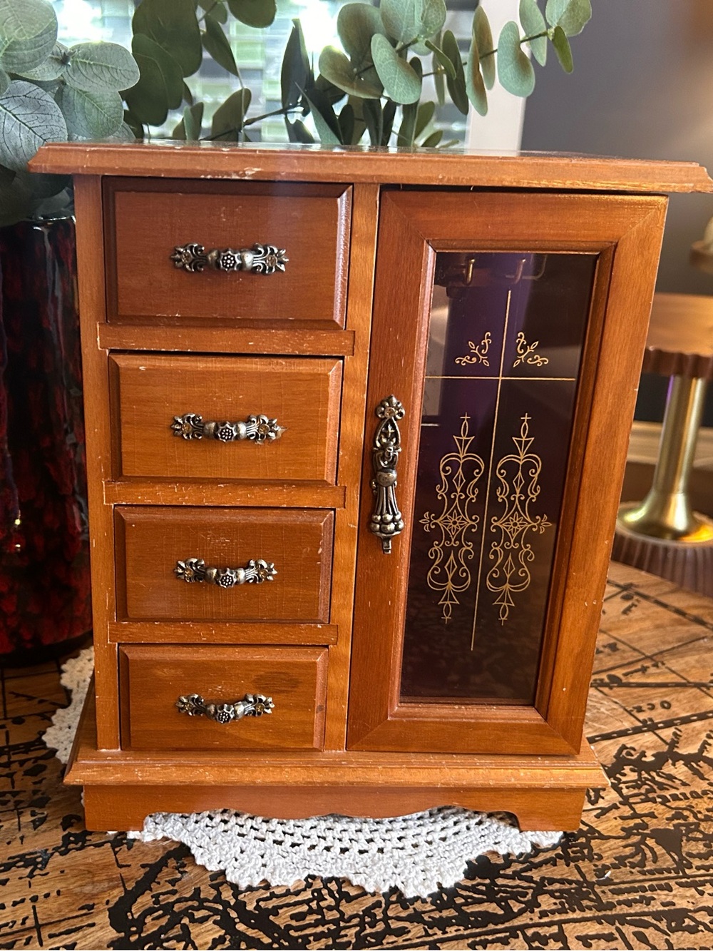 Vintage Wooden Jewelry Box Armoire | Rotating Necklace Carousel, Etched Glass Do